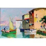 CECIL D'OYLY JOHN oil on canvas - bright and colourful harbourside with figures, entitled verso '