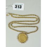 9CT YELLOW GOLD FINE SPIRAL DESIGN CHAIN, having 1852 Victoria young head, shield back sovereign