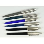 SIX VARIOUS PARKER BALLPOINT PENS one teal, one grey, two black & two blue