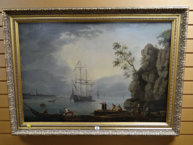 MARITIME SCHOOL oil on canvas - busy port scene with figures and ship-rigged vessel and boats, - Image 3 of 4