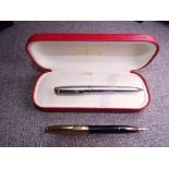 MODERN BRUSHED STAINLESS STEEL SHEAFFER PRELUDE BALLPOINT PEN with chrome trim, inscribed with '