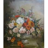 VIOLA GORDON WOULFE oil on canvas - large arrangement of flowers on a pedestal, signed, 70 x 60cms