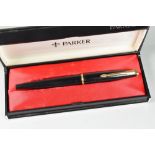 VINTAGE BLACK PARKER 45 DELUXE FOUNTAIN PEN, in original box with instructions