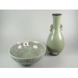 CHINESE PORCELAIN CRACKLE GLAZE BOWL having small circular foot, unmarked, 19.5cms diam together