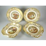 A DERBY PORCELAIN PART-DESSERT SET WITH TRANSFER HUNTING SCENES comprising pair of dishes and a pair