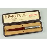 VINTAGE RED PARKER 45 CLASSIC FOUNTAIN PEN with brushed steel cap, in original box
