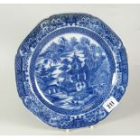 A NINETEENTH CENTURY BLUE & WHITE LONG BRIDGE PATTERN TRANSFER PLATE of lobed form, unknown factory,