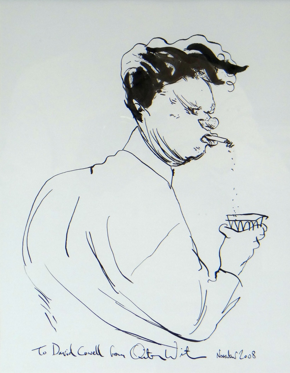 QUINTON WINTER pen & ink - caricature of Dylan Thomas with cigarette & glass, inscribed below 'To