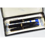 BOX OF THREE BLACK PARKER FOUNTAIN PENS including one Parker Dufold, one Parker Junior & one