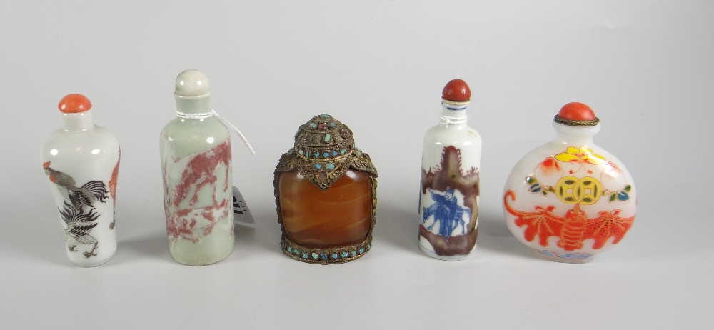 FIVE ORIENTAL SCENT BOTTLES to include three porcelain decorated with animals, horses, cockerels etc