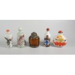 FIVE ORIENTAL SCENT BOTTLES to include three porcelain decorated with animals, horses, cockerels etc