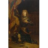 UNKNOWN print on board - young knight in armour, unsigned, 85 x 55cms