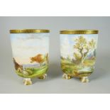 A PAIR OF MINTON PORCELAIN SPILL-VASES both finely painted all-round with a wild landscape and one