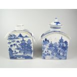 TWO SIMILAR CHINESE PORCELAIN BLUE & WHITE ARCH TOPPED TEA CADDIES one with lid, both depicting
