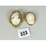 TWO CARVED SHELL CAMEO BROOCHES depicting head & shoulders of females in yellow metal mount (2)
