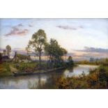 DANIEL SHERRIN oil on canvas - river scene with cottage and boatmen, entitled 'Upper Reaches of