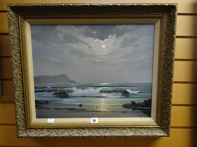 PETER COSLETT oil on canvas - tranquil seashore scene with hazy sun and headland beyond, signed, - Image 2 of 2