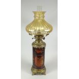 20th CENTURY BRASS & LACQUERED CYLINDER DOUBLE BURNER OIL LAMP of Oriental design with shade &