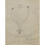 JEAN COCTEAU pencil drawing - anchoring hot-air balloon with celebrating match-stick figures,