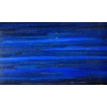 JOHN PETTS oil on small door panel - view of a body of water in various blues, signed & dated