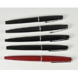 THREE VINTAGE PARKER 45 FOUNTAIN PENS one red, two black, two early 70s Parker 'New Slimfold',