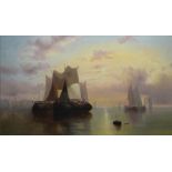 NINETEENTH CENTURY DUTCH SCHOOL oil on canvas - figures on sail-boats at sunset with distant