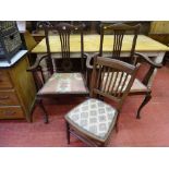 A pair of vintage oak armchairs with drop in padded seats & a spindle back farmhouse side chair