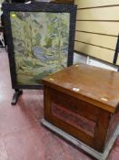 A mahogany box seat stool & a carved oak fire screen with embroidered panel centre