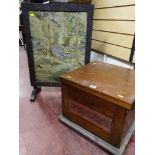 A mahogany box seat stool & a carved oak fire screen with embroidered panel centre