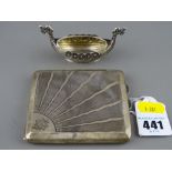 A hallmarked silver cigarette case & a white metal model of a Viking boat with glass liner