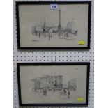 Two black and white etchings - Trafalgar Square and Piccadilly Circus by HOWARD PENTON with a framed