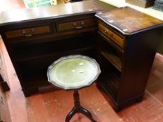 A reproduction mahogany two-drawer bookcase, similar side cabinet & green leather topped tripod wine