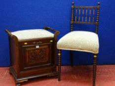 Edwardian fall front box seat piano stool and a bobbin turned side chair in matching upholstery