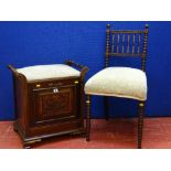 Edwardian fall front box seat piano stool and a bobbin turned side chair in matching upholstery