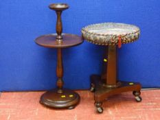 Mahogany upholstered top stool on trefoil base and castors and a circular tray centred occasional