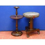 Mahogany upholstered top stool on trefoil base and castors and a circular tray centred occasional