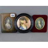 Two oval portrait prints & a similar style framed pot lid