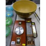 A Williams-Sonoma Christmas themed mixing bowl, vintage barometer and thermometers