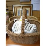 Two vintage wicker baskets, a quantity of prints etc