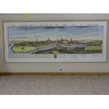 A reprinted coloured etching titled 'The South West Prospect of the City of Chester'