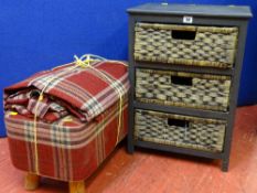 A modern upholstered footstool & matching curtains together with a modern set of three basket