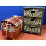 A modern upholstered footstool & matching curtains together with a modern set of three basket