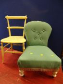 Vintage button upholstered bedroom chair and a cream painted side chair