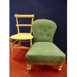 Vintage button upholstered bedroom chair and a cream painted side chair