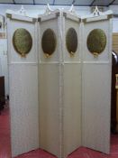 Vintage painted and fabric covered four fold dressing screen