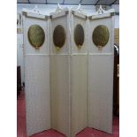 Vintage painted and fabric covered four fold dressing screen