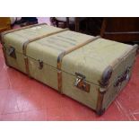 Wooden banded canvas travel trunk