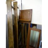 Pair of prayer kneeling stools and a bevelled edge wooden framed mirror