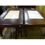 Pair of coffee tables with marble? inserts on reeded legs