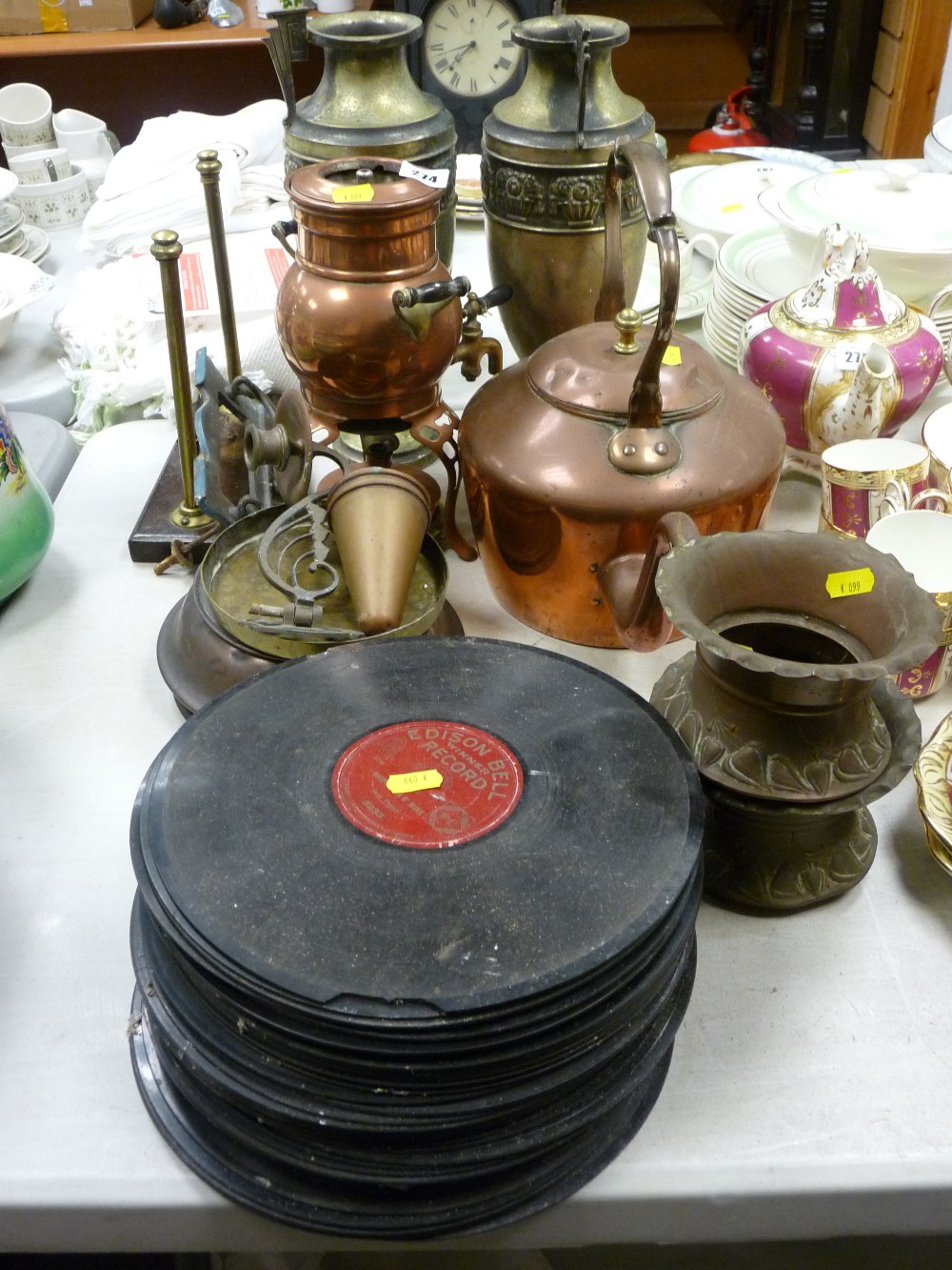 Parcel of brass, copperware, old records etc